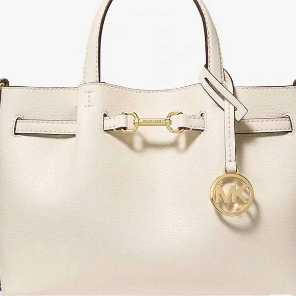 MICHAEL KORS Carson Small Pebbled Leather Satchel cream color gold accent nwt - Picture 3 of 7
